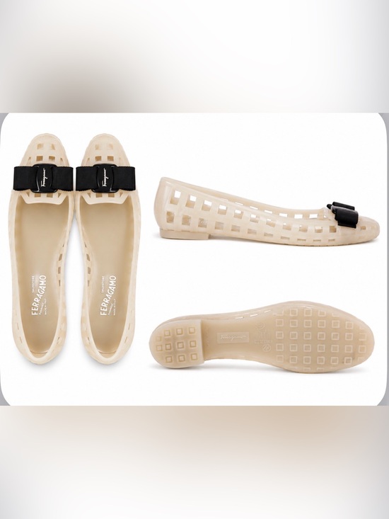 Salvatore Ferragamo Shoes - Salvatore Ferragamo Nude Jelly Ballet Flats with Black Grosgrain Bow